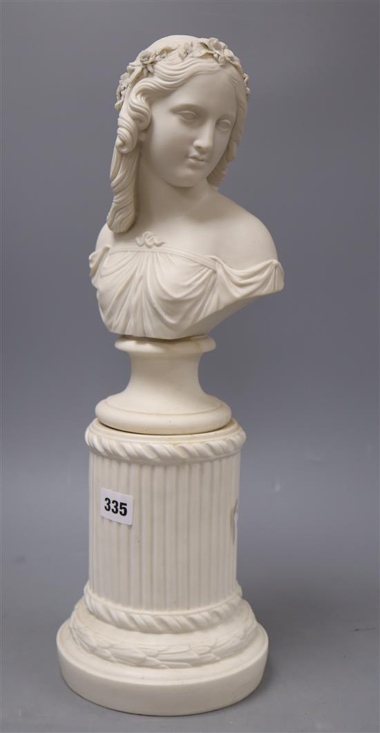 A parian bust of a classical maiden, on a pillar, height 49cm